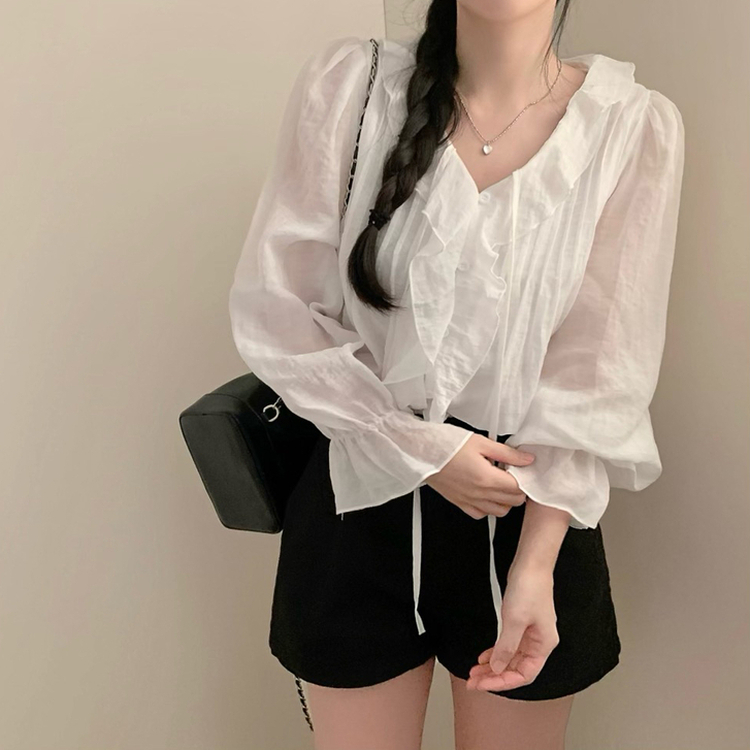 러브 프릴 봄 긴팔 블라우스 벚꽃 봄 봄옷 봄블라우스 하객룩 화이트