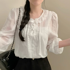 비비 레이스 봄 카라넥 시스루 긴팔 블라우스 봄 봄옷 레이어드 벚꽃 화이트