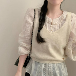 비비 레이스 봄 카라넥 시스루 긴팔 블라우스 봄 봄옷 레이어드 벚꽃 연베이지