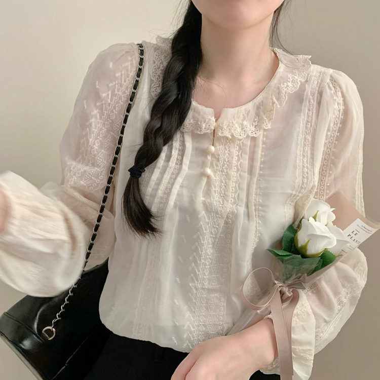 비비 레이스 봄 카라넥 시스루 긴팔 블라우스 봄 봄옷 레이어드 벚꽃 연베이지