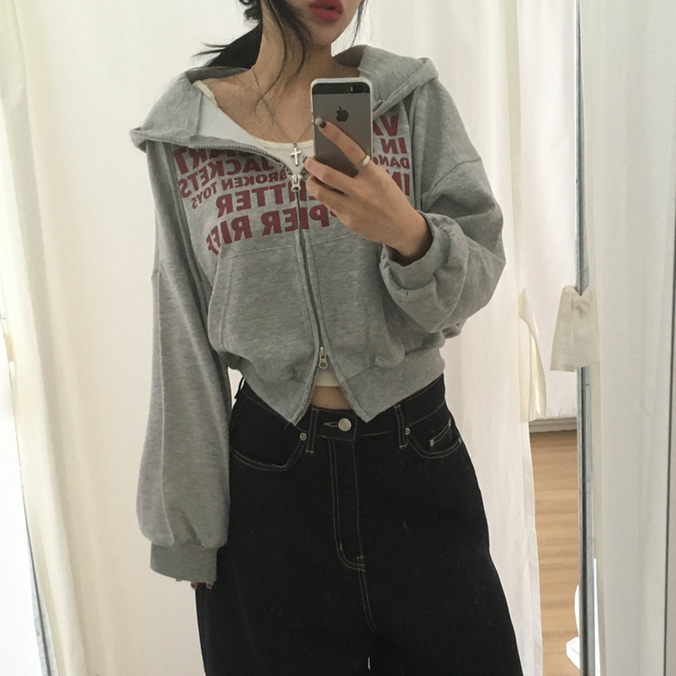 レタリングフードパーカージップアップ MELANGE