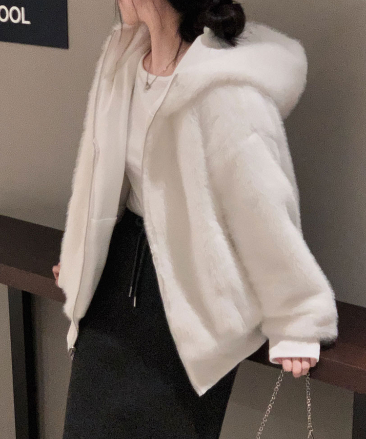 양면으로 착용가능한리버시블 양면 페이크 밍크 퍼 루즈핏 후드 집업 점퍼