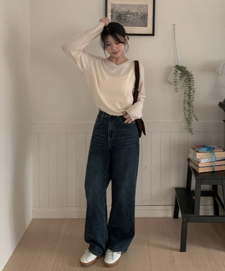 【丈別】ハイウエストワイドデニムパンツ(5color) DEEP BLUE