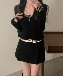 달티 스트라이프 일체형 니트가디건 블랙