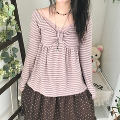 모리걸 스트라이프 리본 긴팔 티셔츠 롱슬리브 원피스 핑크