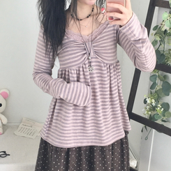 모리걸 스트라이프 리본 긴팔 티셔츠 롱슬리브 원피스 핑크