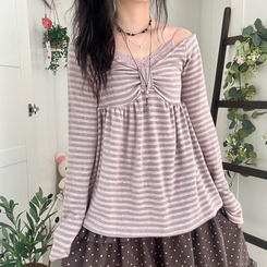 모리걸 스트라이프 리본 긴팔 티셔츠 롱슬리브 원피스 핑크