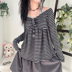 모리걸 스트라이프 리본 긴팔 티셔츠 롱슬리브 원피스 블랙