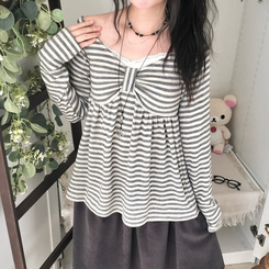 모리걸 스트라이프 리본 긴팔 티셔츠 롱슬리브 원피스 아이보리