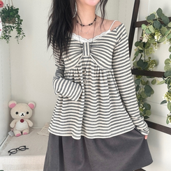 모리걸 스트라이프 리본 긴팔 티셔츠 롱슬리브 원피스 아이보리