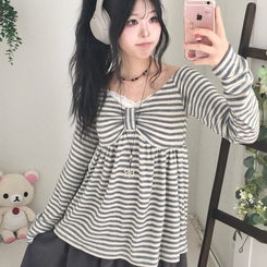 모리걸 스트라이프 리본 긴팔 티셔츠 롱슬리브 원피스 아이보리