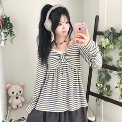 모리걸 스트라이프 리본 긴팔 티셔츠 롱슬리브 원피스 아이보리