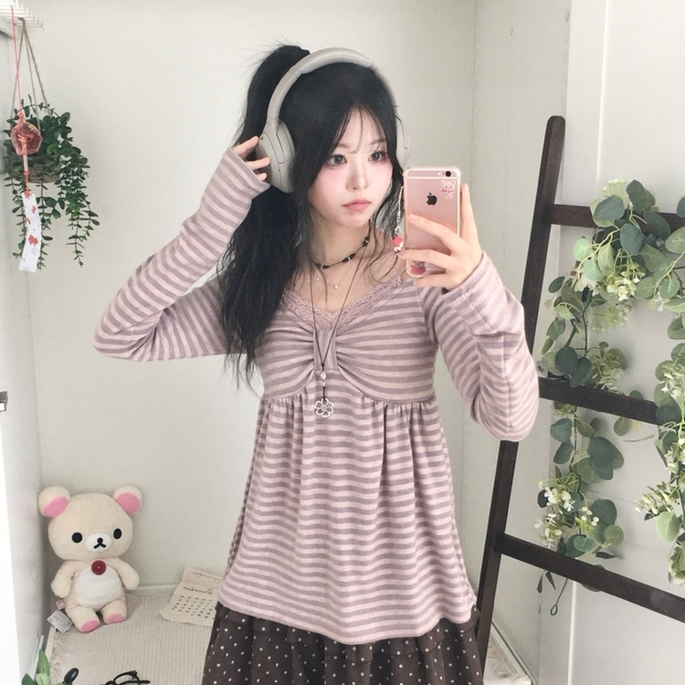 모리걸 스트라이프 리본 긴팔 티셔츠 롱슬리브 원피스 핑크