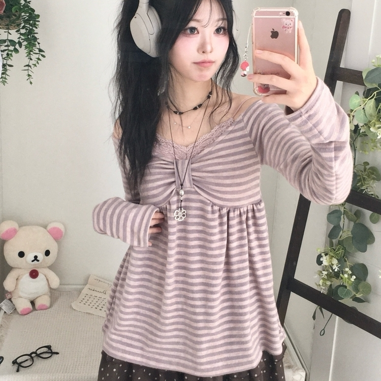 모리걸 스트라이프 리본 긴팔 티셔츠 롱슬리브 원피스 핑크