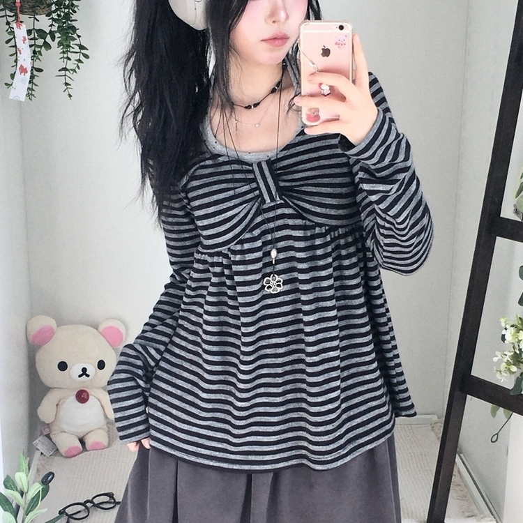 모리걸 스트라이프 리본 긴팔 티셔츠 롱슬리브 원피스 블랙