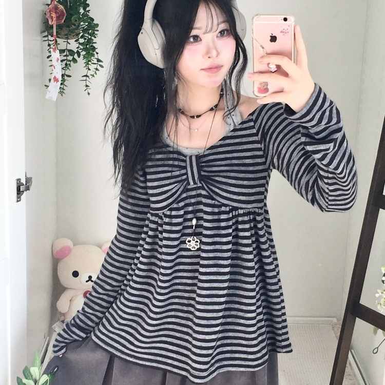 모리걸 스트라이프 리본 긴팔 티셔츠 롱슬리브 원피스 블랙