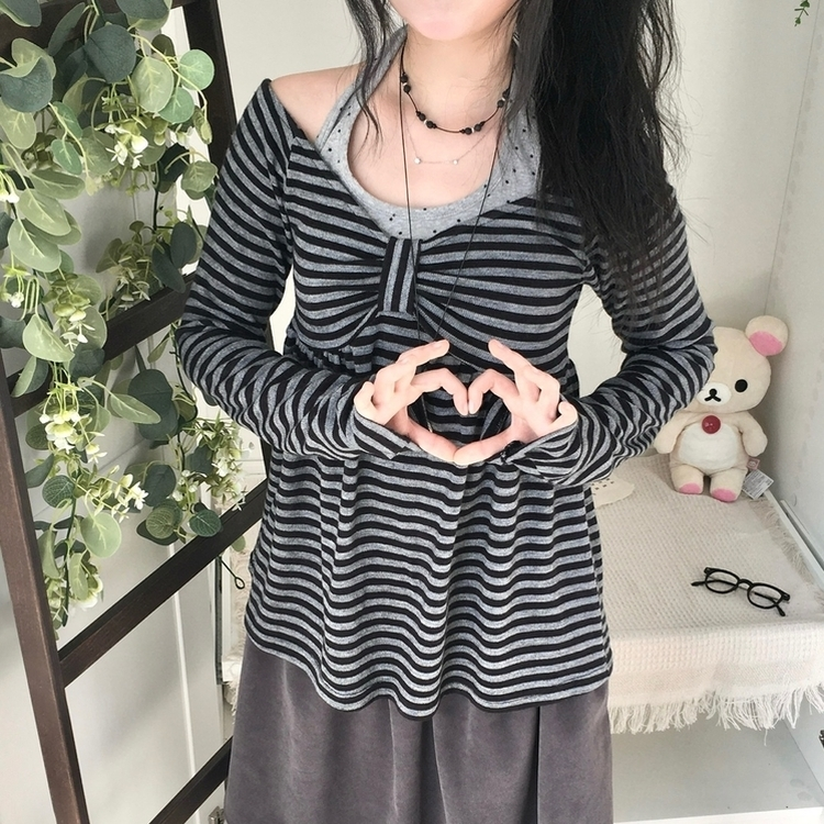 모리걸 스트라이프 리본 긴팔 티셔츠 롱슬리브 원피스 블랙