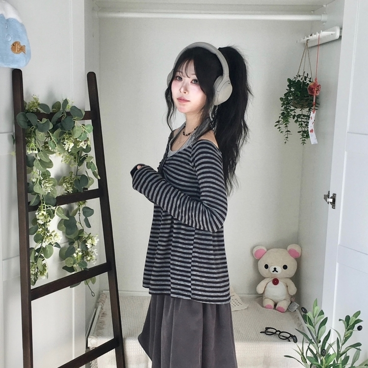 모리걸 스트라이프 리본 긴팔 티셔츠 롱슬리브 원피스 블랙