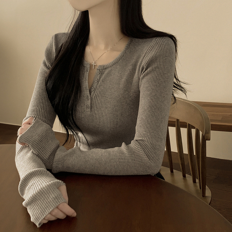 골지 버튼 슬림핏 긴팔티셔츠 니트 그레이