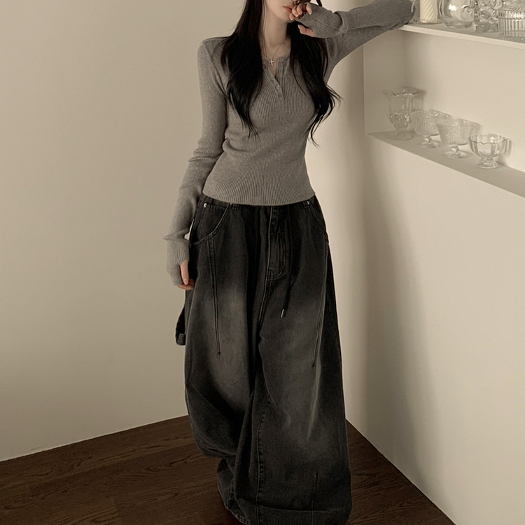 골지 버튼 슬림핏 긴팔티셔츠 니트 그레이