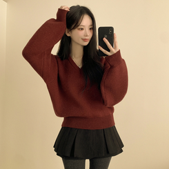 아방핏 허리밴딩 박시핏 벌룬 세미크롭 브이넥 올리브 니트 레드