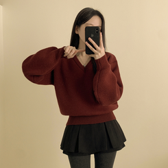 아방핏 허리밴딩 박시핏 벌룬 세미크롭 브이넥 올리브 니트 레드