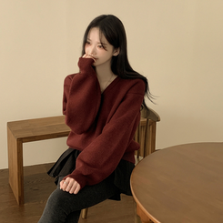 아방핏 허리밴딩 박시핏 벌룬 세미크롭 브이넥 올리브 니트 레드