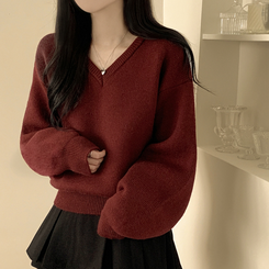 아방핏 허리밴딩 박시핏 벌룬 세미크롭 브이넥 올리브 니트 레드