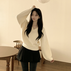 아방핏 허리밴딩 박시핏 벌룬 세미크롭 브이넥 올리브 니트 아이보리