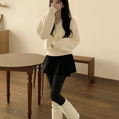 아방핏 허리밴딩 박시핏 벌룬 세미크롭 브이넥 올리브 니트 아이보리