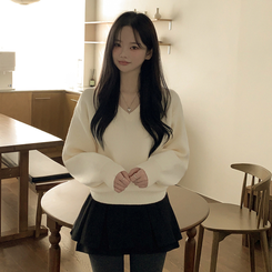 아방핏 허리밴딩 박시핏 벌룬 세미크롭 브이넥 올리브 니트 아이보리