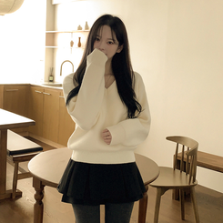 아방핏 허리밴딩 박시핏 벌룬 세미크롭 브이넥 올리브 니트 아이보리