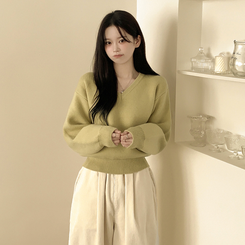 아방핏 허리밴딩 박시핏 벌룬 세미크롭 브이넥 올리브 니트 올리브