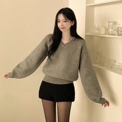 아방핏 허리밴딩 박시핏 벌룬 세미크롭 브이넥 올리브 니트 그레이