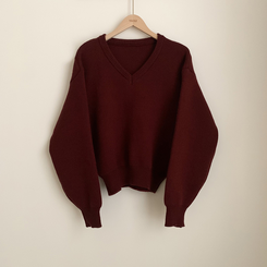 아방핏 허리밴딩 박시핏 벌룬 세미크롭 브이넥 올리브 니트