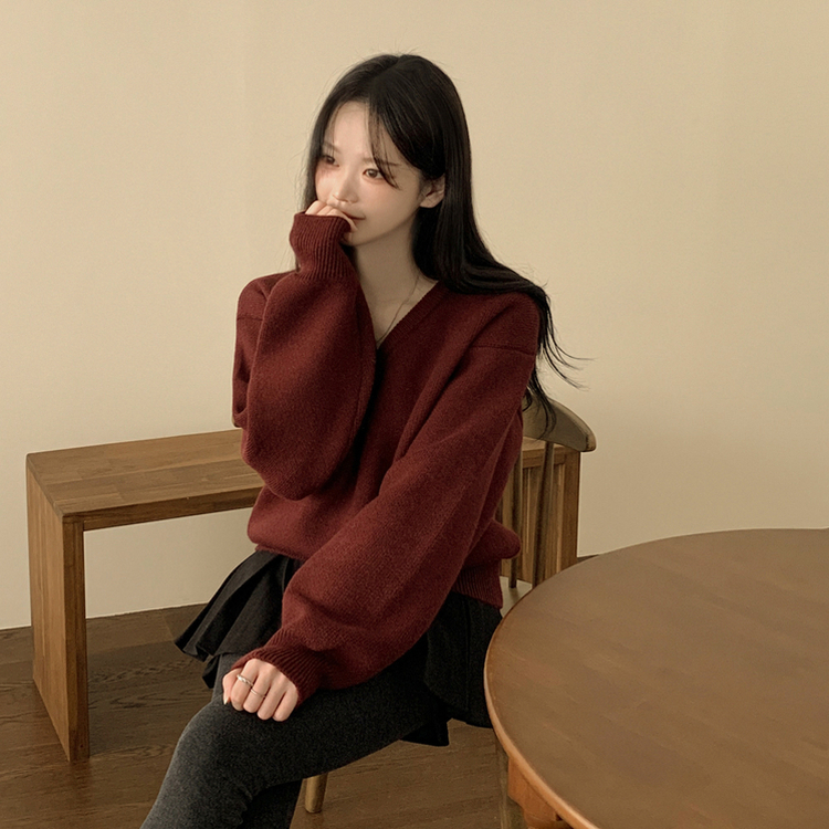 아방핏 허리밴딩 박시핏 벌룬 세미크롭 브이넥 올리브 니트 레드