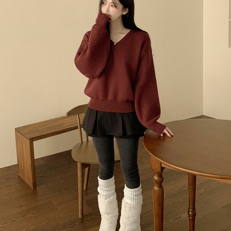 아방핏 허리밴딩 박시핏 벌룬 세미크롭 브이넥 올리브 니트 레드