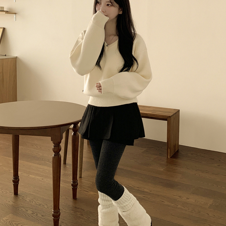 아방핏 허리밴딩 박시핏 벌룬 세미크롭 브이넥 올리브 니트 아이보리