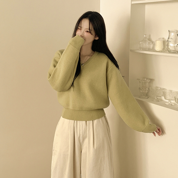 아방핏 허리밴딩 박시핏 벌룬 세미크롭 브이넥 올리브 니트 올리브