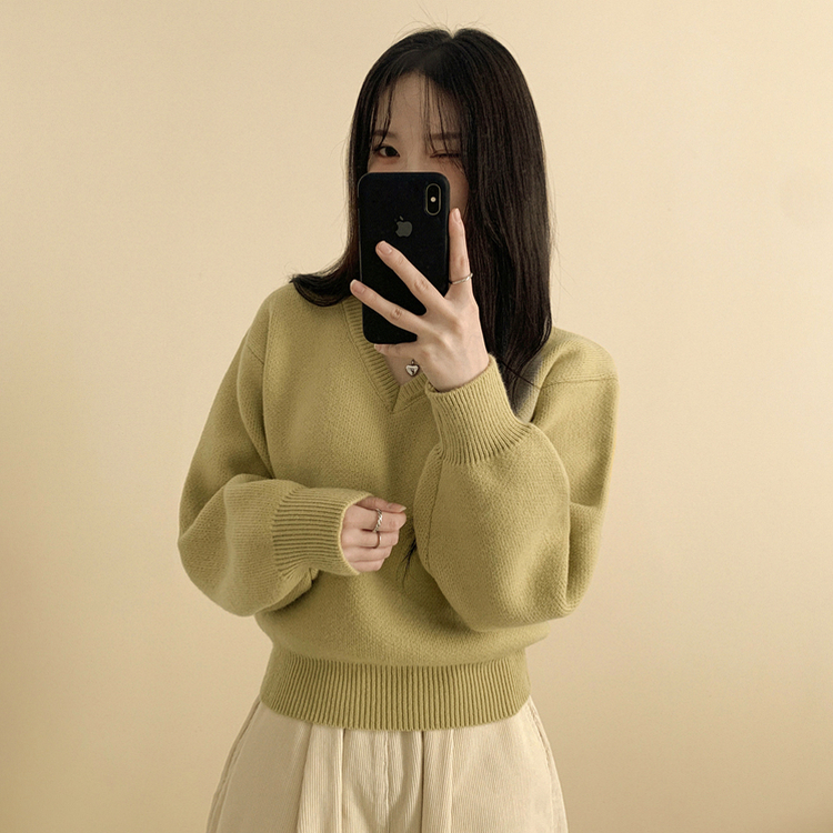 아방핏 허리밴딩 박시핏 벌룬 세미크롭 브이넥 올리브 니트 올리브
