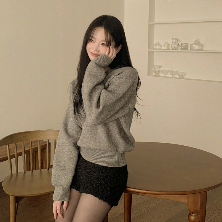 아방핏 허리밴딩 박시핏 벌룬 세미크롭 브이넥 올리브 니트 그레이