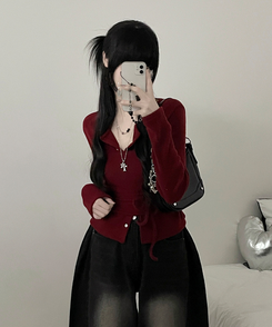 히퍼스트랩허리끈레이어드탑라운드가디건세트 버건디