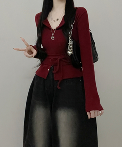 히퍼스트랩허리끈레이어드탑라운드가디건세트 버건디