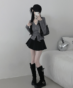 히퍼스트랩허리끈레이어드탑라운드가디건세트 그레이