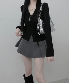 히퍼스트랩허리끈레이어드탑라운드가디건세트 블랙