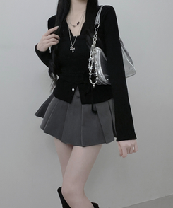 히퍼스트랩허리끈레이어드탑라운드가디건세트 블랙