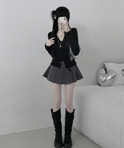 히퍼스트랩허리끈레이어드탑라운드가디건세트 블랙