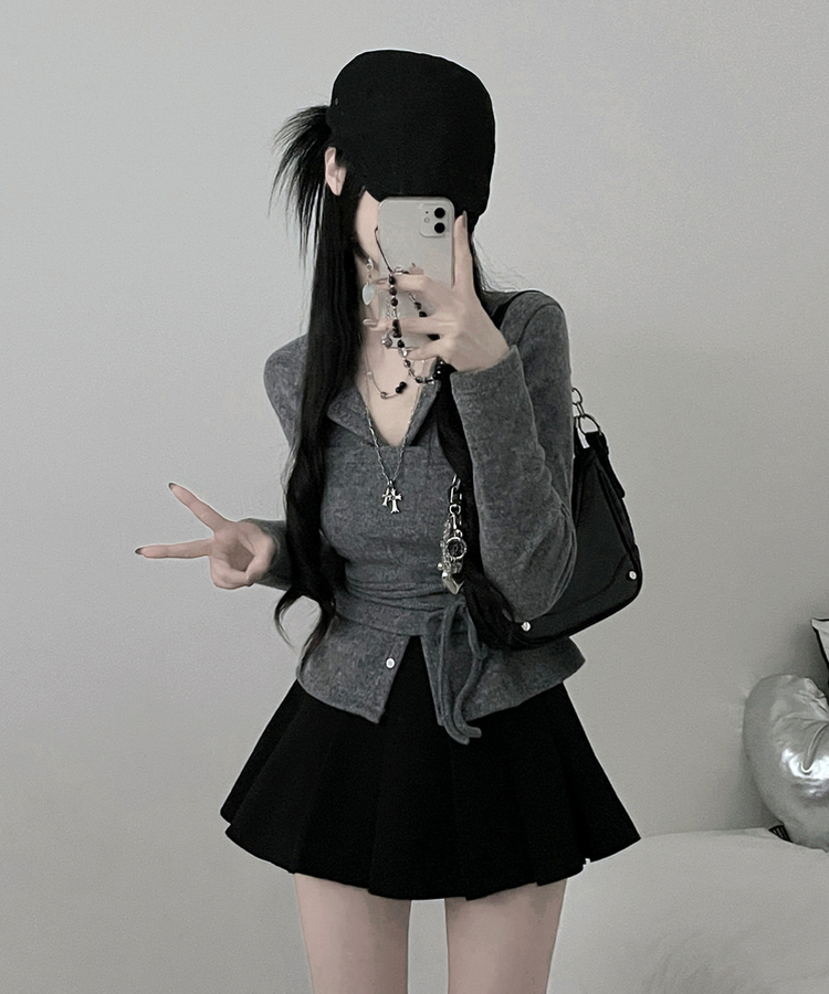 히퍼스트랩허리끈레이어드탑라운드가디건세트 그레이