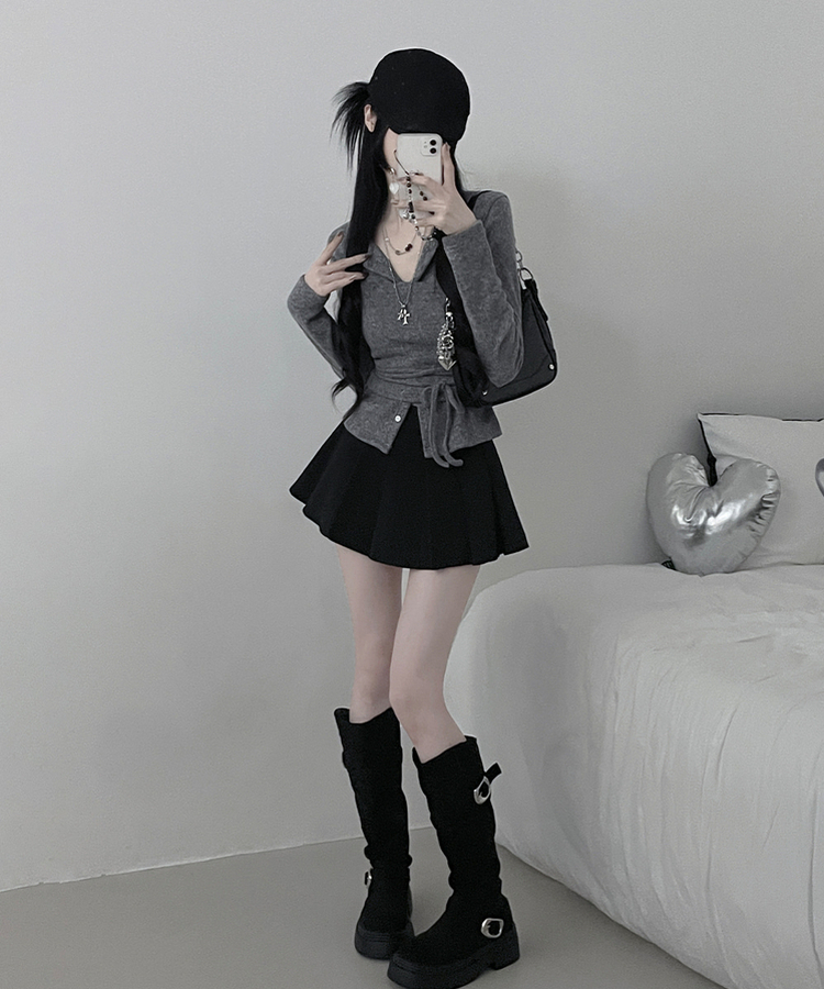 히퍼스트랩허리끈레이어드탑라운드가디건세트 그레이