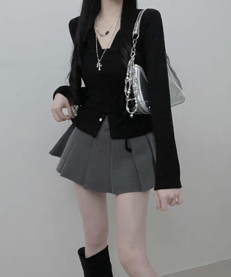 히퍼스트랩허리끈레이어드탑라운드가디건세트 블랙